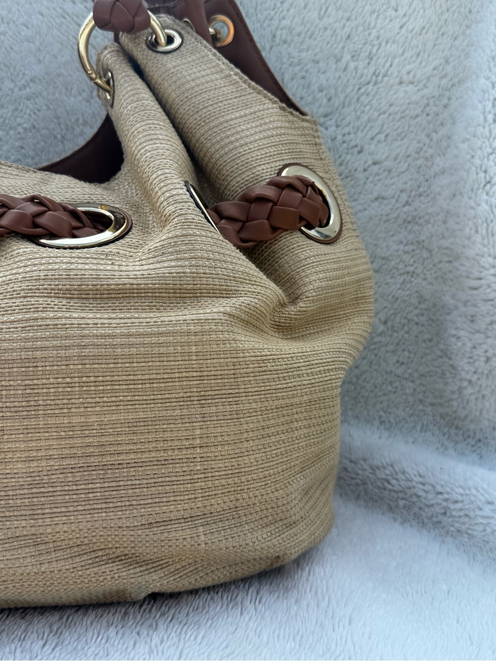 Michael Kors Large Woven Straw Hobo Bag Braided Leather Strap Grommet Tassel Nat - Picture 13 of 16